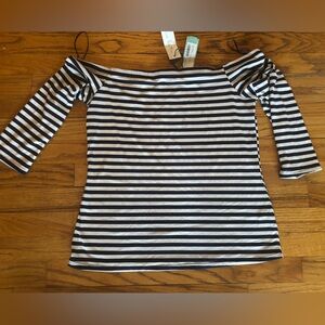 Nine Britton-Striped Off-Shoulder Womens Top in Navy and White